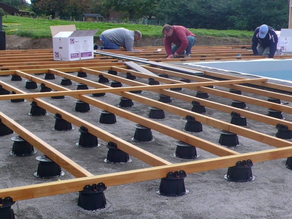 Pedestal Deck System for Pool Surround with Buzon Pedsetals and PB Kit Joist Holder