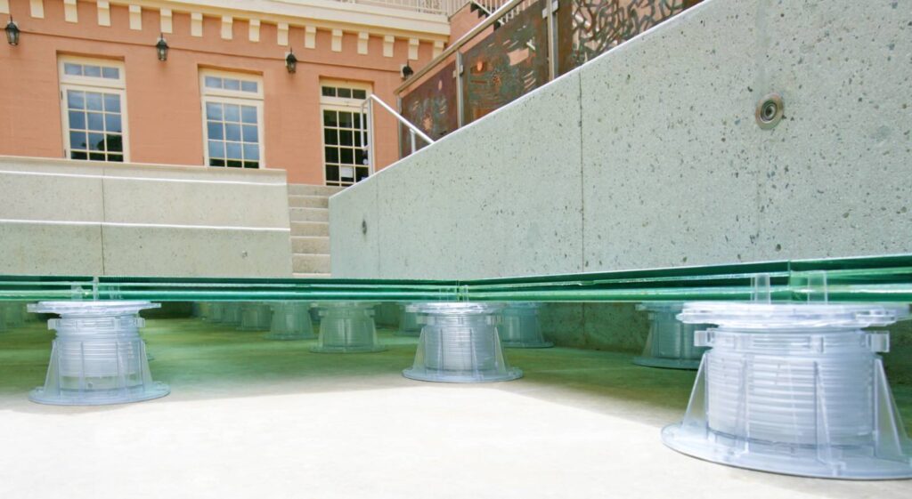 View from Pool Bottom Looking Across Buzon Pedestals and Glass Pavers