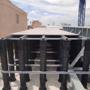 Cross-bracing for tall pedestal pavers pool deck installation